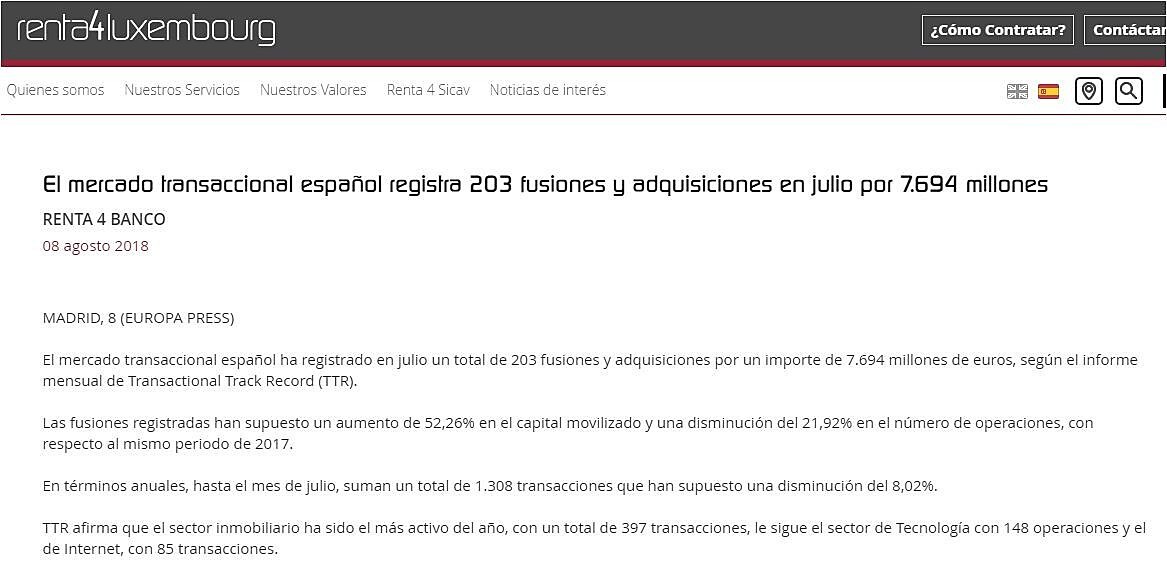 El mercado transaccional espaol registra 203 fusiones y adquisiciones en julio por 7.694 millones